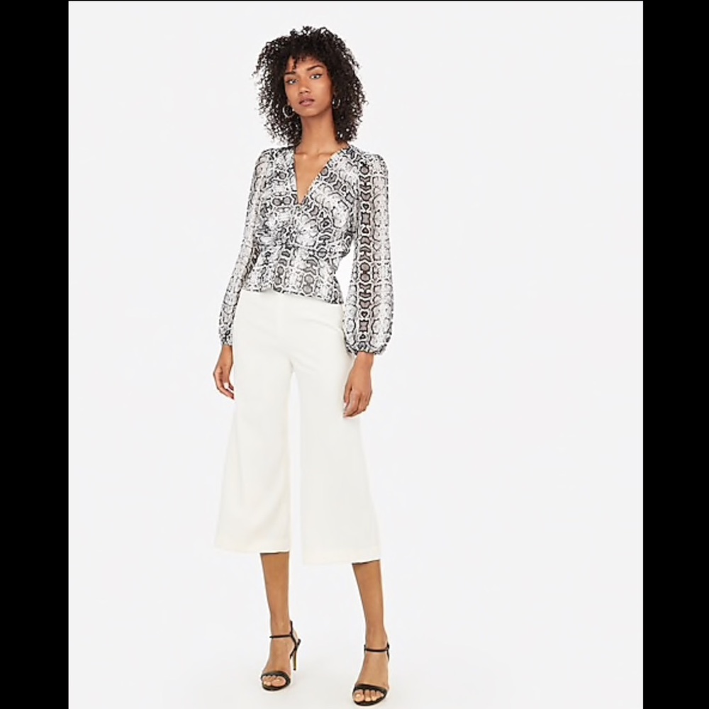 Snakeskin Print Sheer Sleeve Surplice Peplum Top